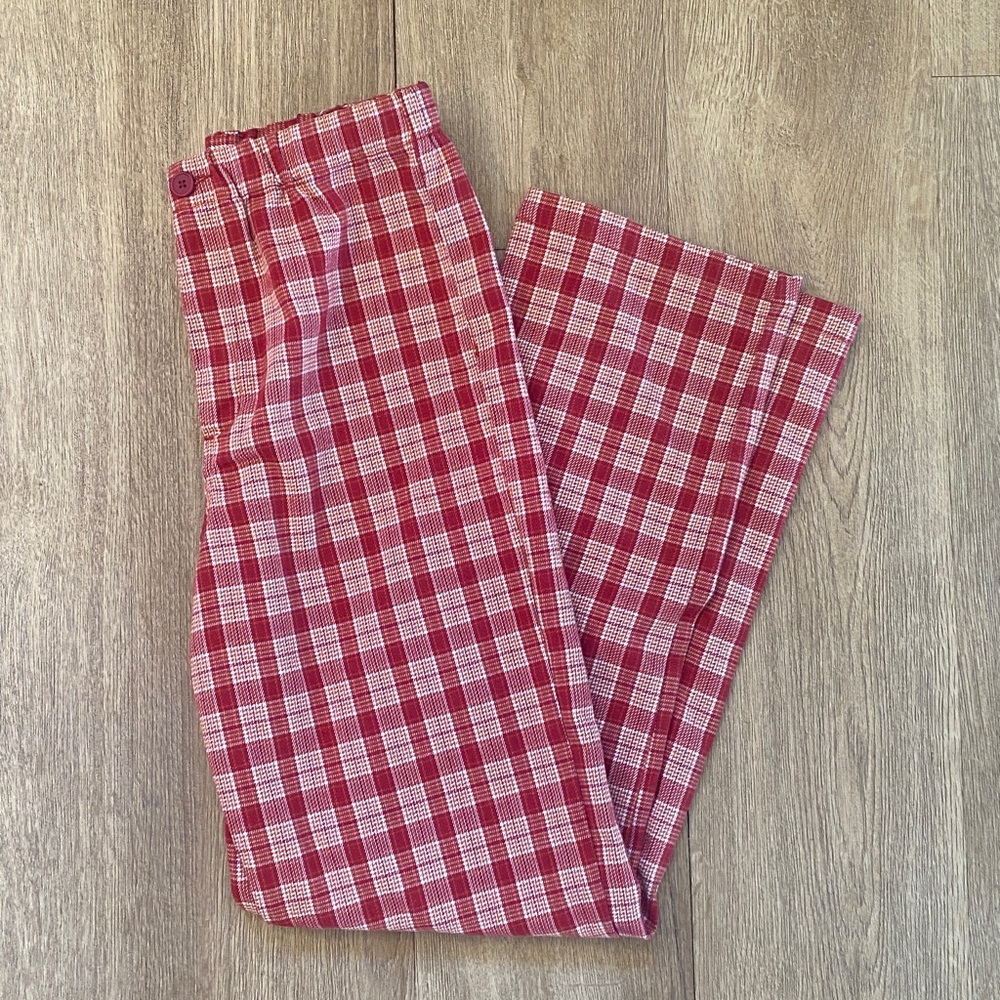 BRANDI MELVILLE PLAID RED ELASTIC STRAIGHT PANTS 0